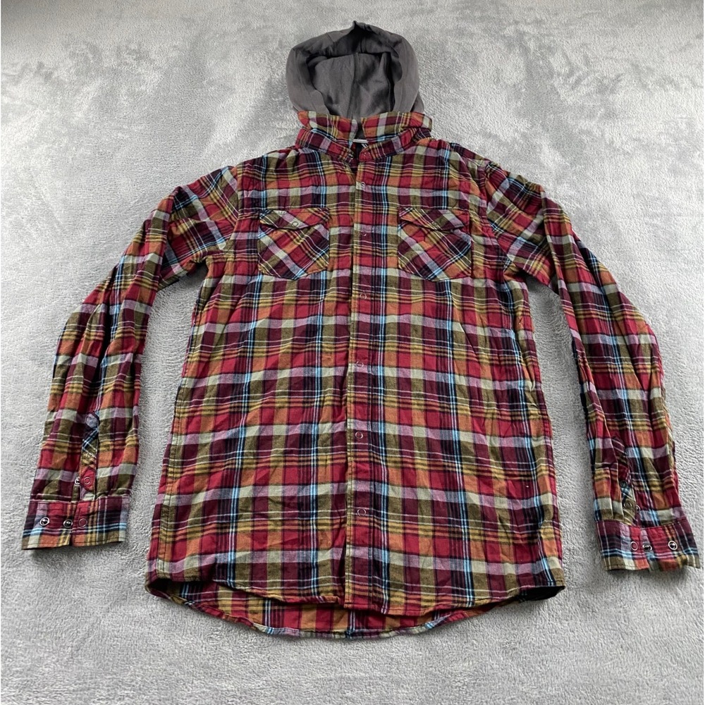 Shawn White Mens‎ XL Hooded Flannel Shirt Red Plaid Snap Button Long Slv Skater - Picture 2 of 10